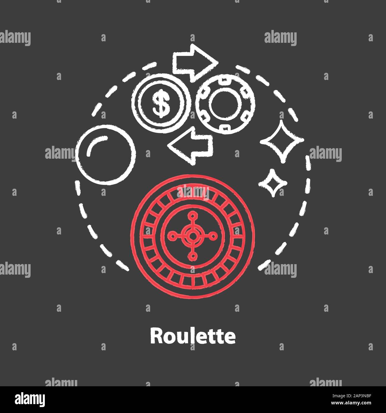 Roulette chalk concept icon. Online gambling idea. Casino, game of chance. Betting, fortune wheel. Vegas entertainment. Vector isolated chalkboard ill Stock Vector