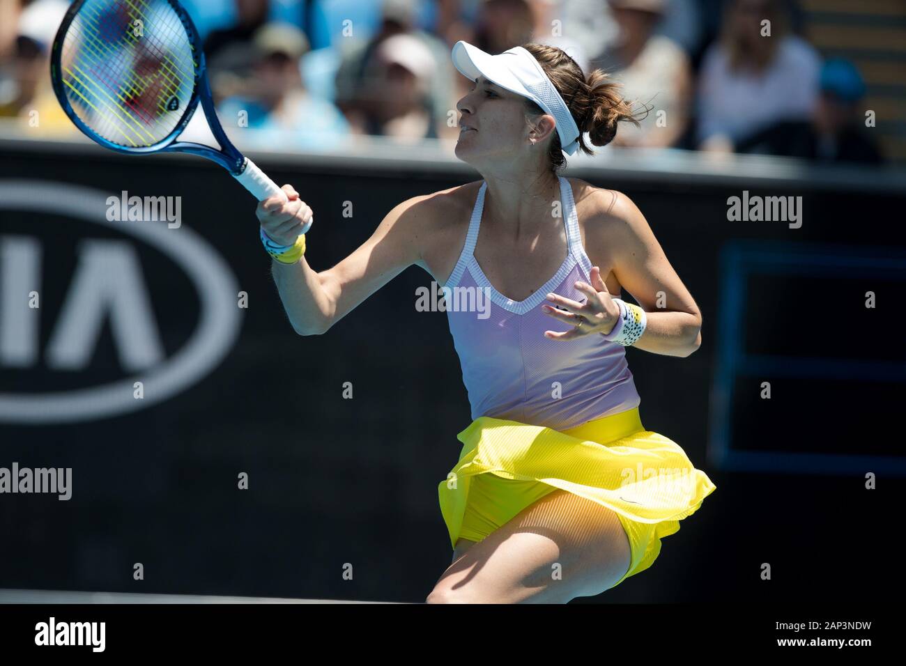 Melbourne, Australia. 21st Jan, 2020. Belinda Bencic of Switzerland playing  Anna Karolina Schmiedlova of Slovakia during the first round match at the  ATP Australian Open 2020 at Melbourne Park, Melbourne, Australia on