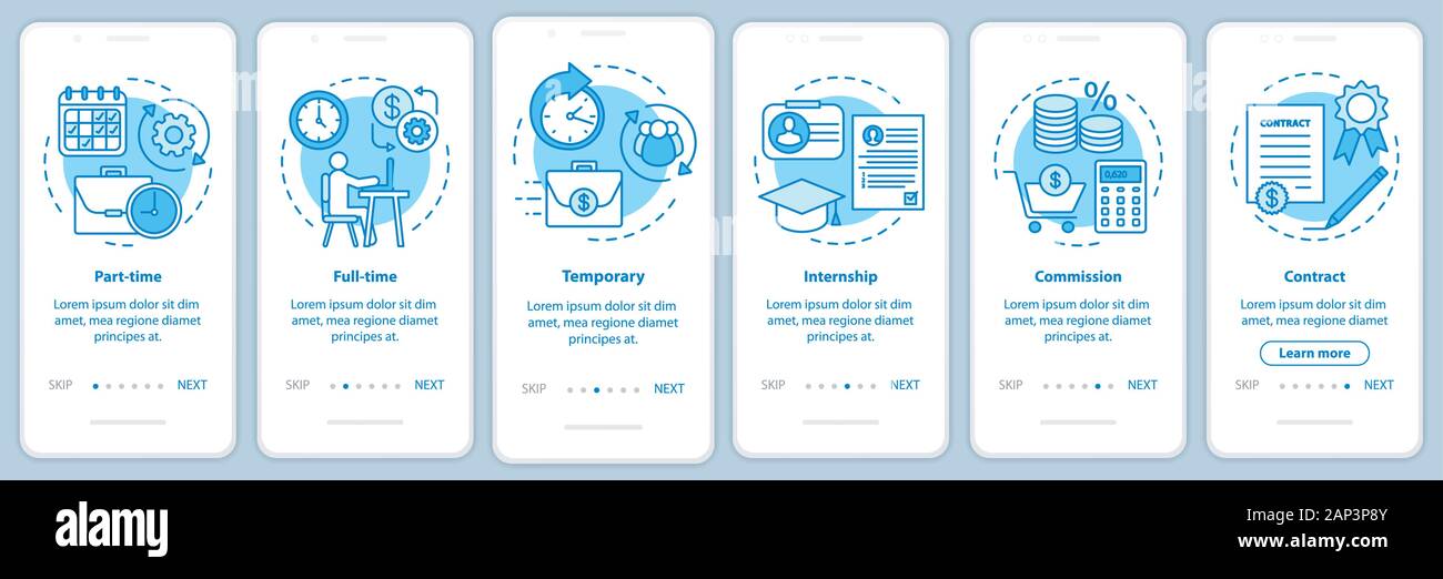 Jobs types blue onboarding mobile app page screen with linear concepts ...