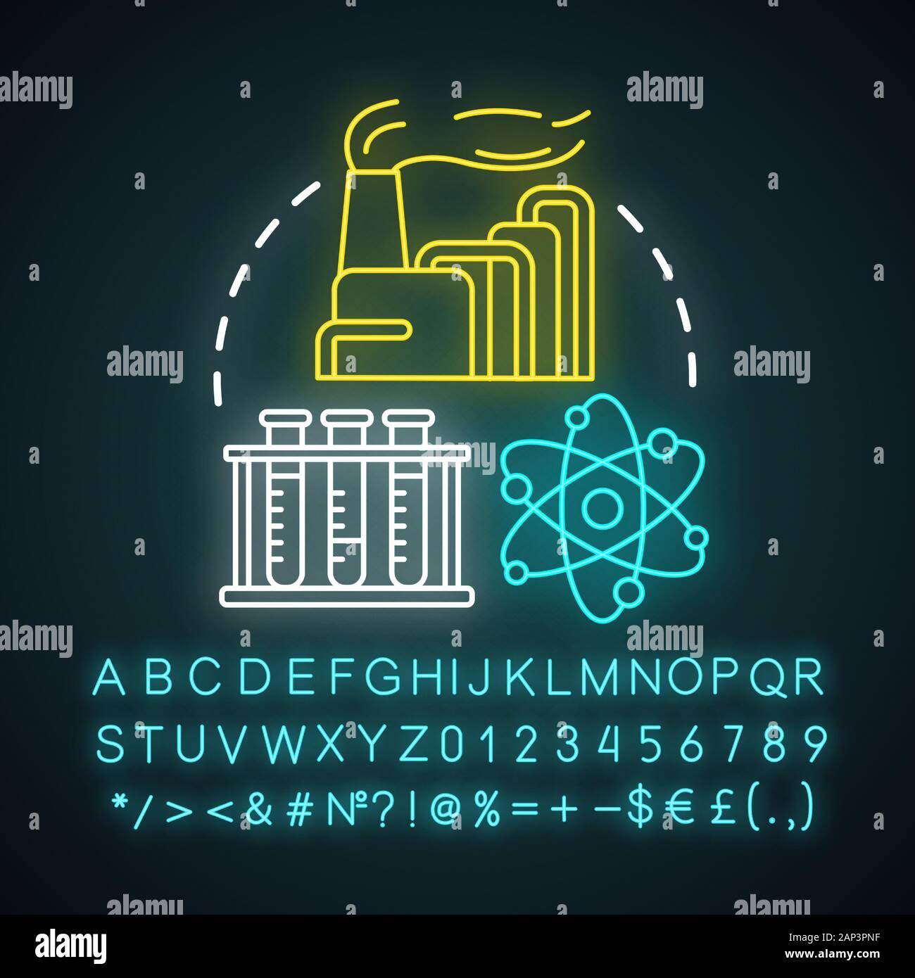 Chemical industry neon light concept icon. Industrial chemicals producing. Plant, test tubes