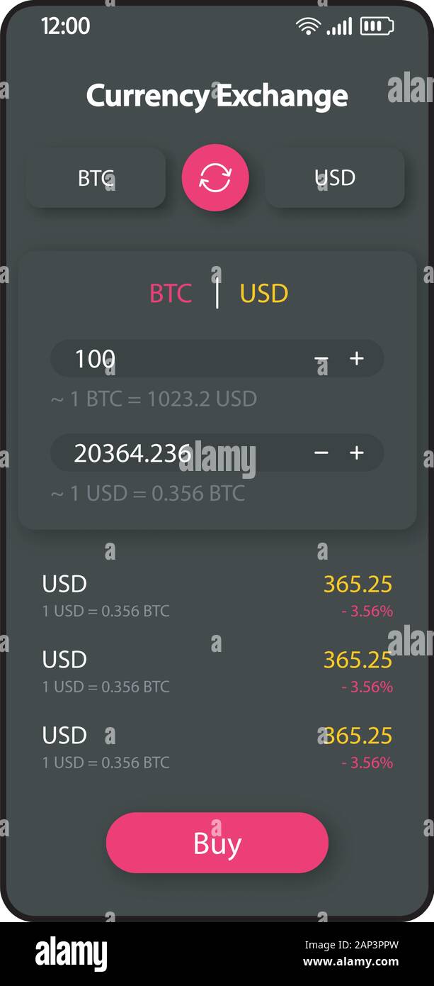 Bitcoin exchange smartphone interface vector template. Mobile app page  black design layout. Cryptocurrency converter screen. Flat UI for  application Stock Vector Image & Art - Alamy