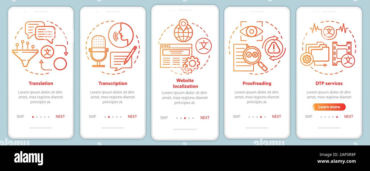 Text services red onboarding mobile app page screen vector template. Translation, proofreading. Walkthrough website steps with linear illustrations. U Stock Vector