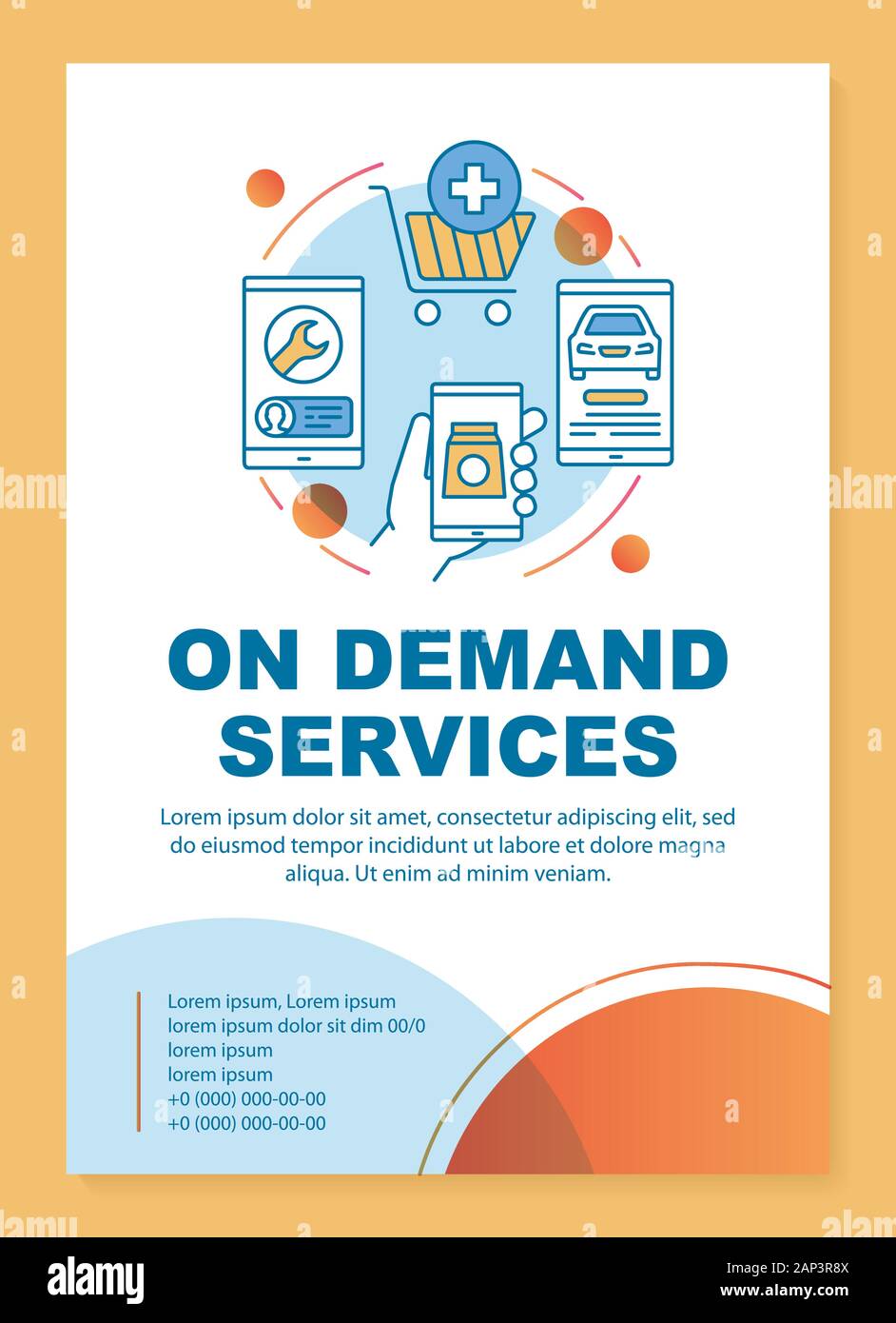Mobile shopping brochure template layout. On demand economy flyer