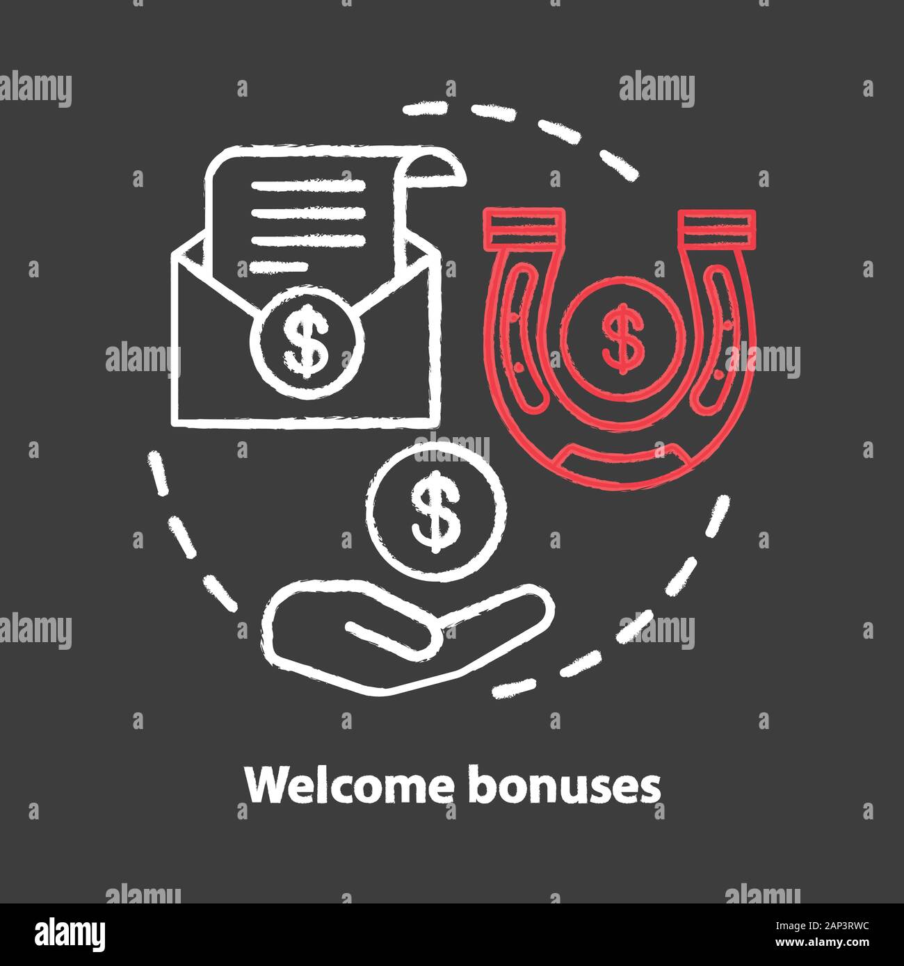 Casino welcome bonuses chalk concept icon. Reward program idea. Good luck & fortune. Financial success. Profit, income. Vector isolated chalkboard ill Stock Vector