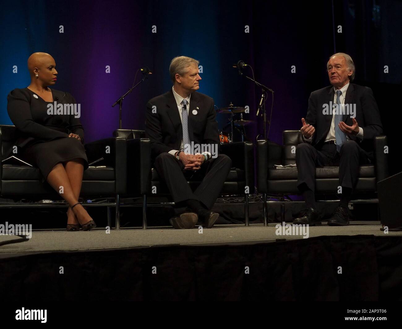 Boston Ma Usa 20th Jan 2020 Massachusetts Congresswoman Ayanna Pressley And Governor Charlie Baker Listen To Massachusetts Senator Edward Markey During A Fire Side Discussion At Bostona S 50th Annual Martin Luther King Jr