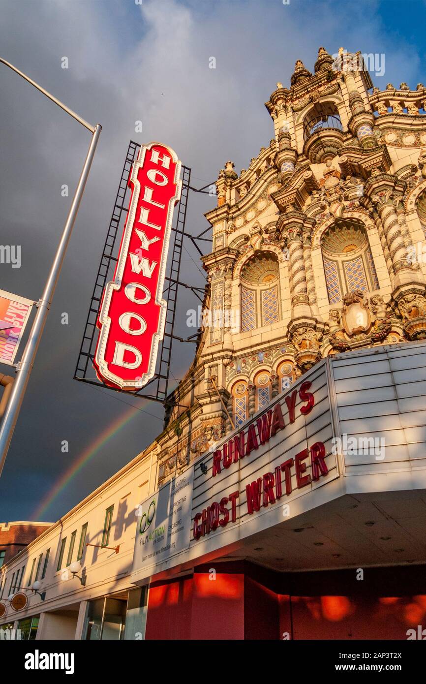 The Facade of the Hollywood Theater in Portland, Oregon, is set against