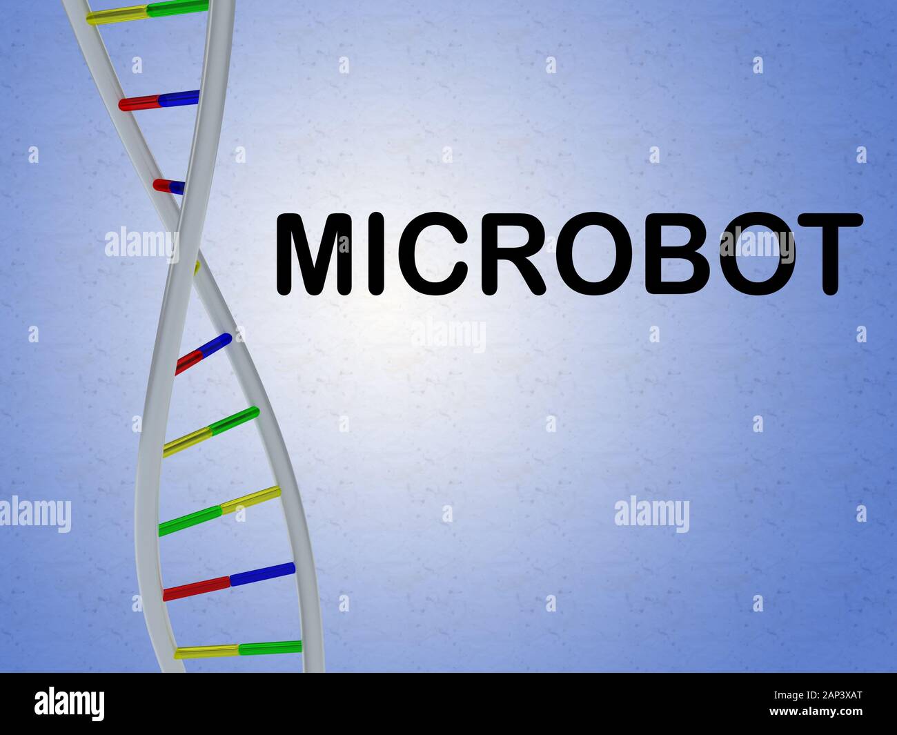 3D illustration of MICROBOT script with DNA double helix , isolated on blue gradient. Stock Photo