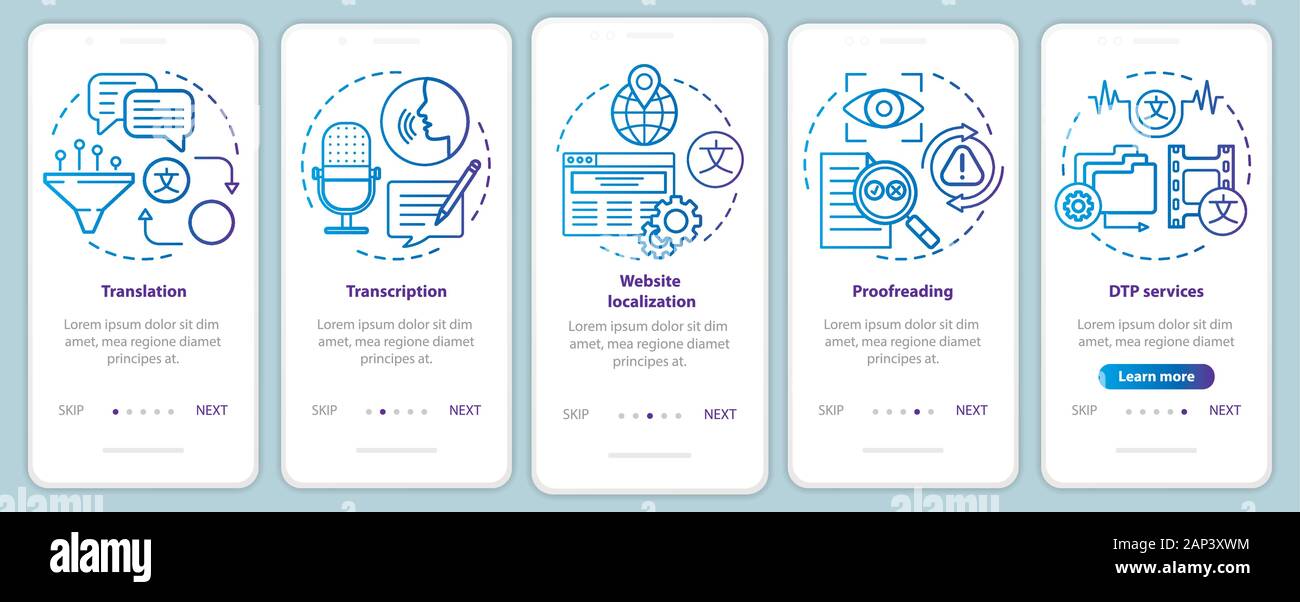Text services blue onboarding mobile app page screen vector template. Translation, proofreading. Walkthrough website steps with linear illustrations. Stock Vector