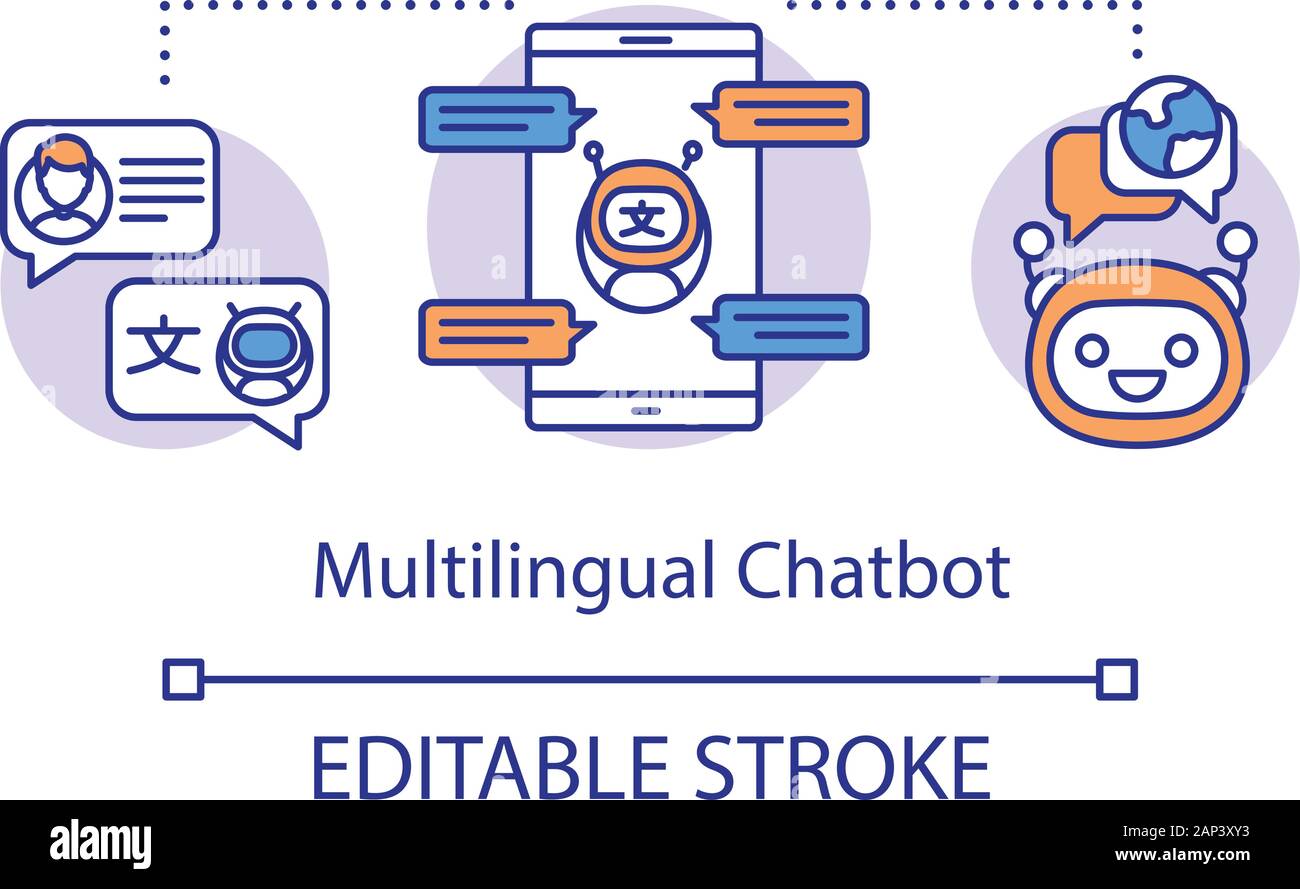 Translation services concept icon. Multilingual machine chatbot idea thin line illustration. AI powered messenger, programmed algorithm . Vector isola Stock Vector