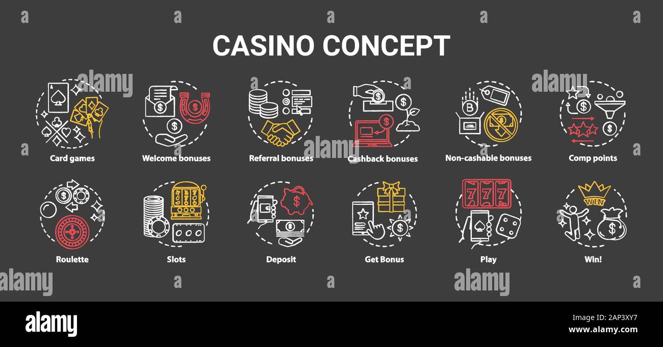 Casino chalk concept icons set. Online games of chance and bonuses idea. Slot machines, card games, roulette. Gambling. Vector isolated chalkboard ill Stock Vector