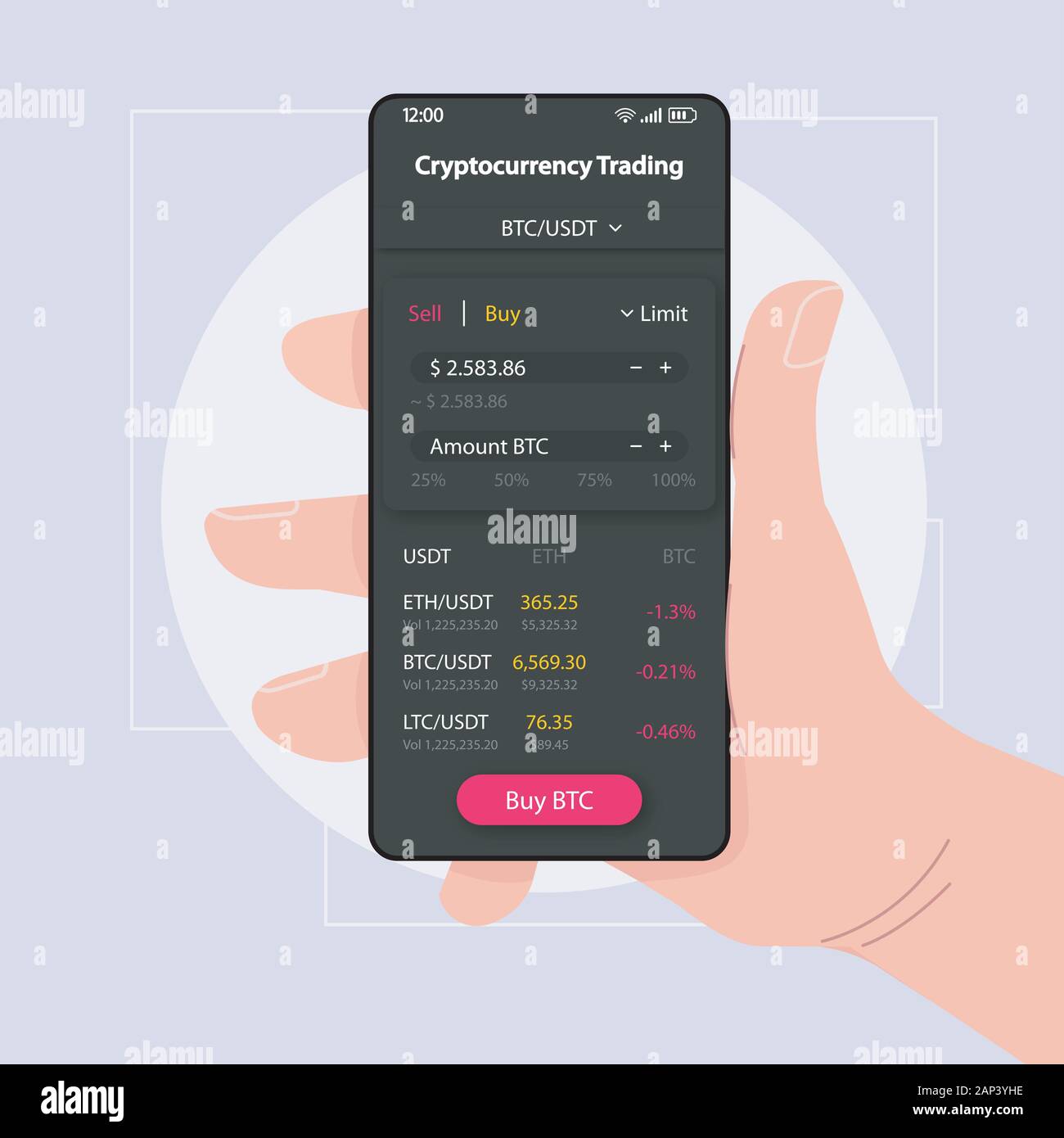 Bitcoin trading smartphone interface vector template. Mobile app page black design layout. Cryptocurrency balance screen. Flat UI for application. Han Stock Vector