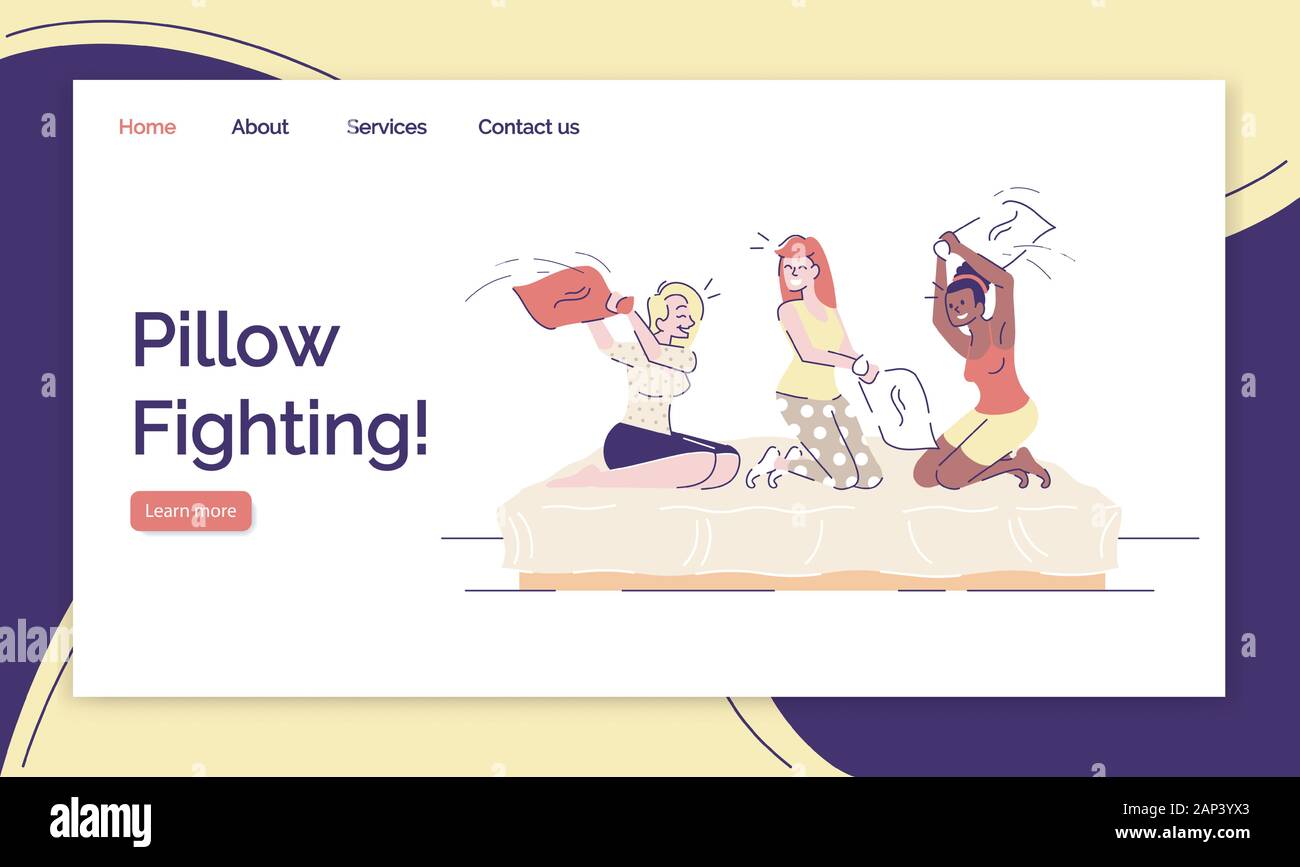 Pillow fighting landing page vector templates set. Girls party website