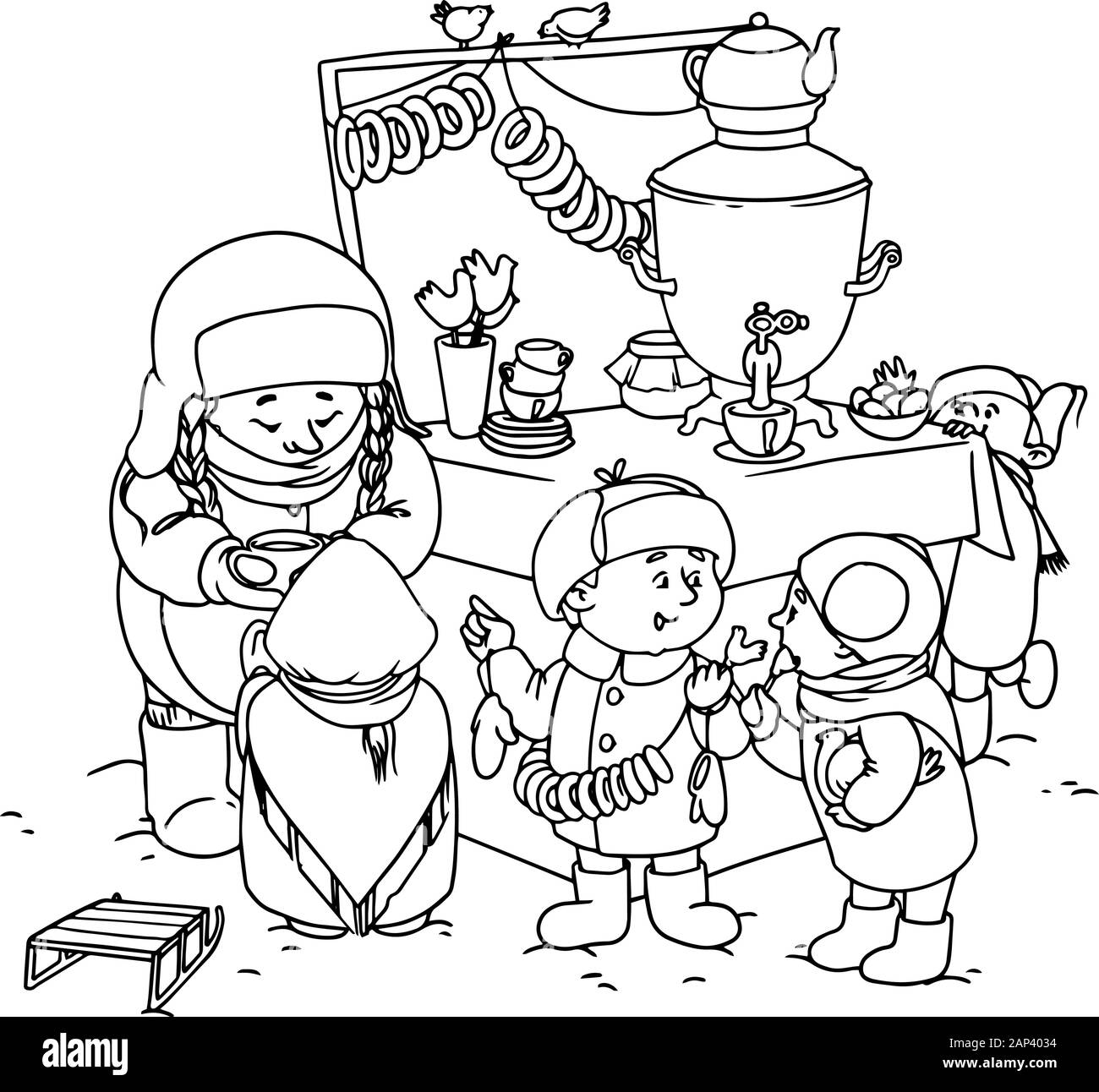 Children at the winter fair at the counter with samovar. Winter holiday on the street. Coloring page Stock Vector