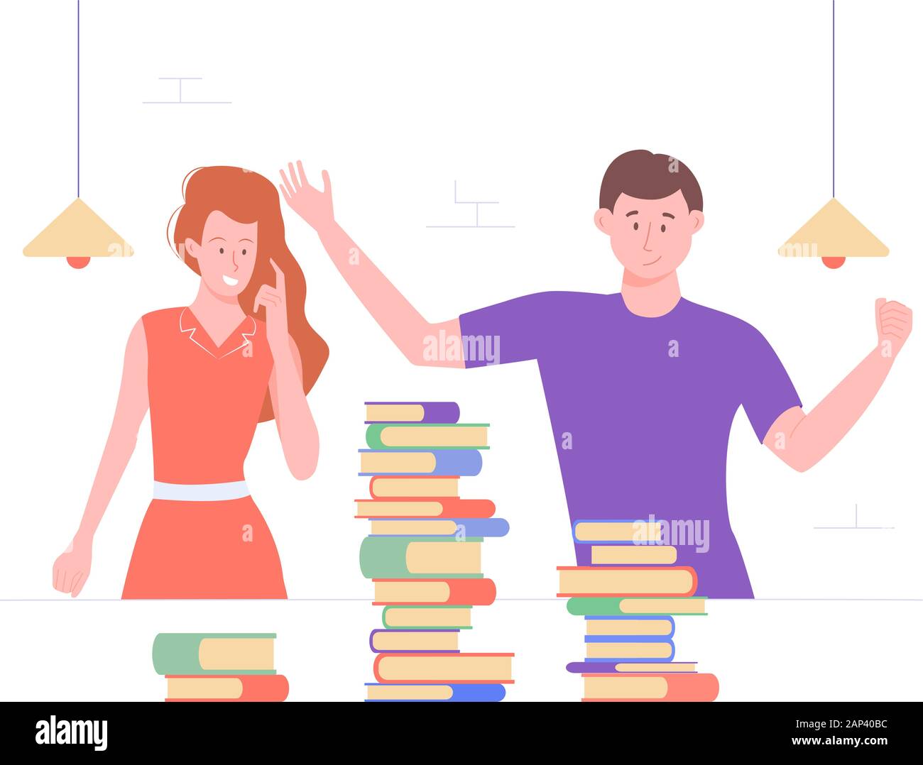 The guy and the girl in the library or classroom. Stock Vector