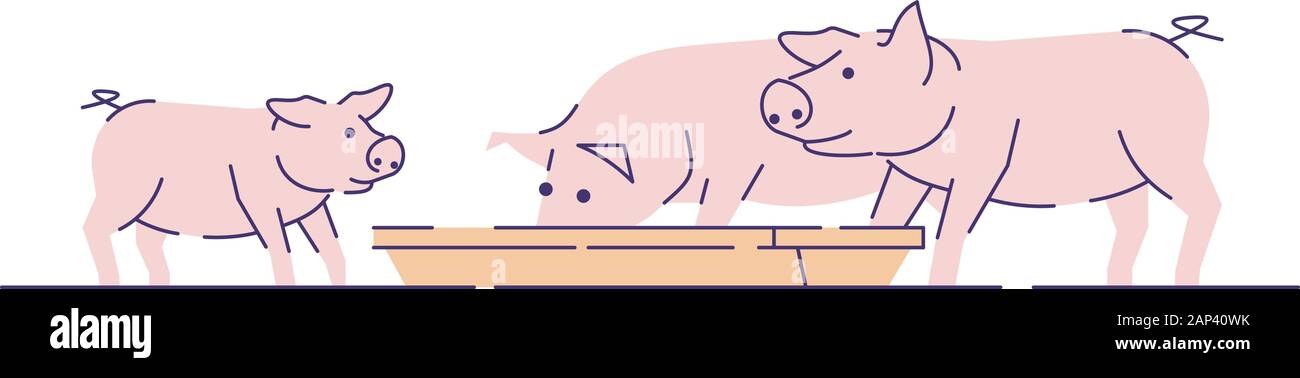 Pink pigs feeding flat vector illustration. Livestock farming, animal husbandry and breeding cartoon concept with outline. Meat production farm. Hog, Stock Vector
