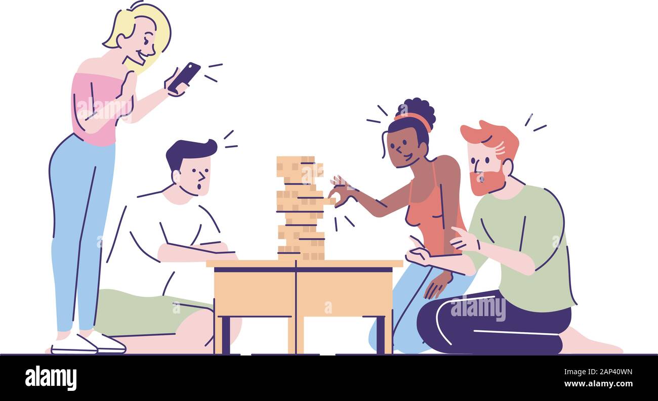 Friends playing jenga flat vector illustrations. Couples enjoy table game. Girls pulling wooden block from tower, taking photos isolated cartoon chara Stock Vector