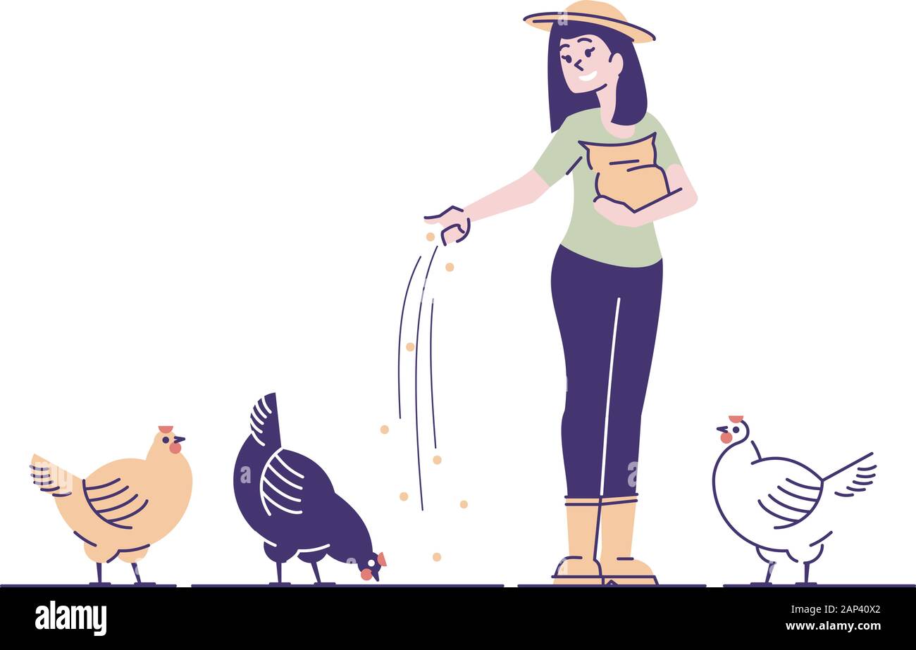 Female farmer feeding chickens flat vector character. Poultry backyard ...