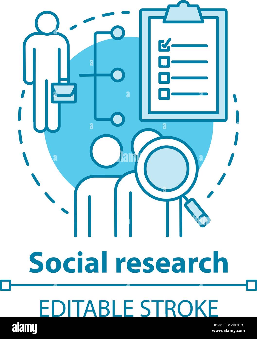 Social research concept icon. Sociology idea thin line illustration. Sociological quantitative analysis. Social poll, survey. Candidate sourcing. Vect Stock Vector