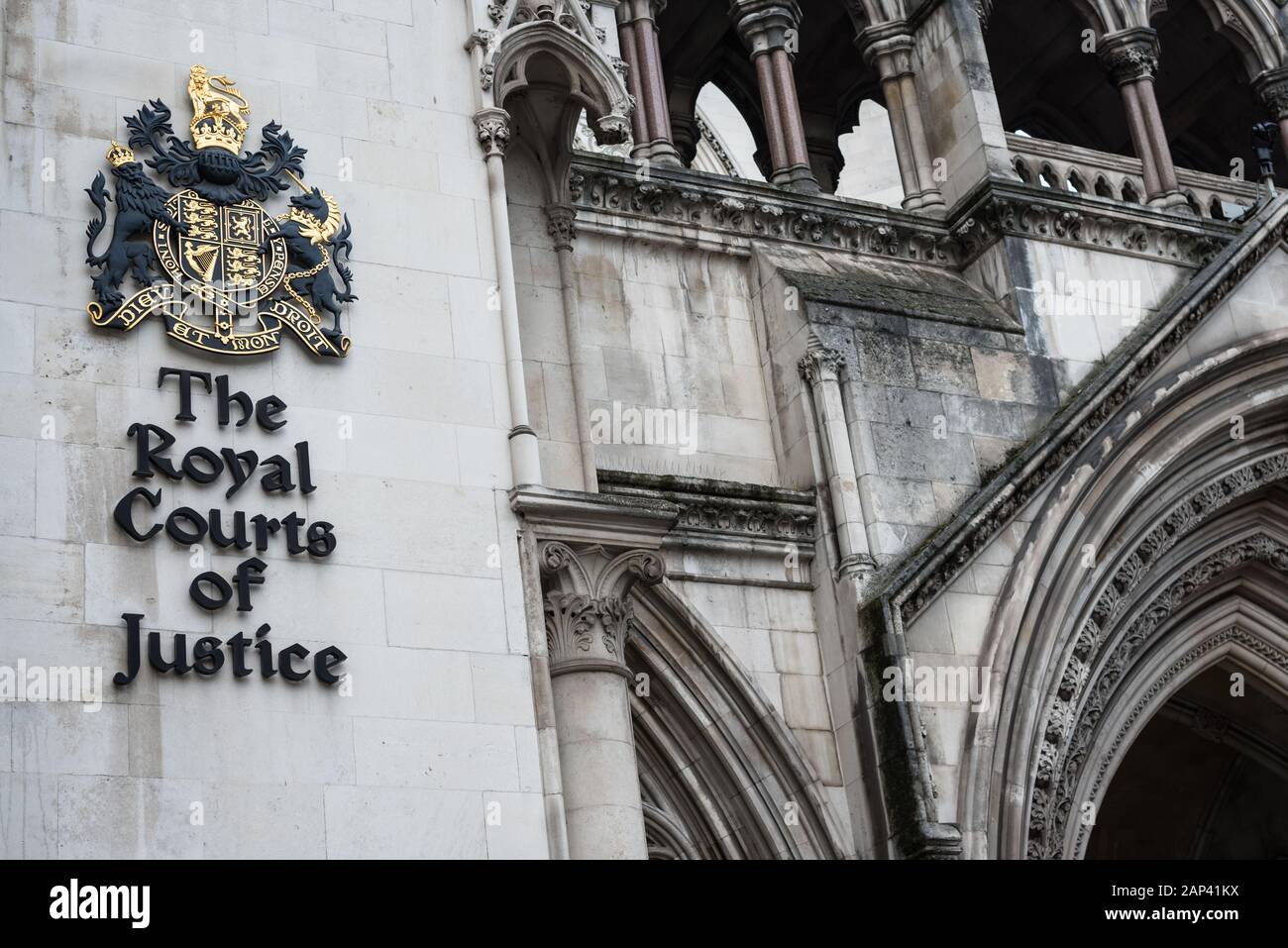 London, UK - Jan 16, 2020:  The front of The Royal Courts of Justice in  London Stock Photo
