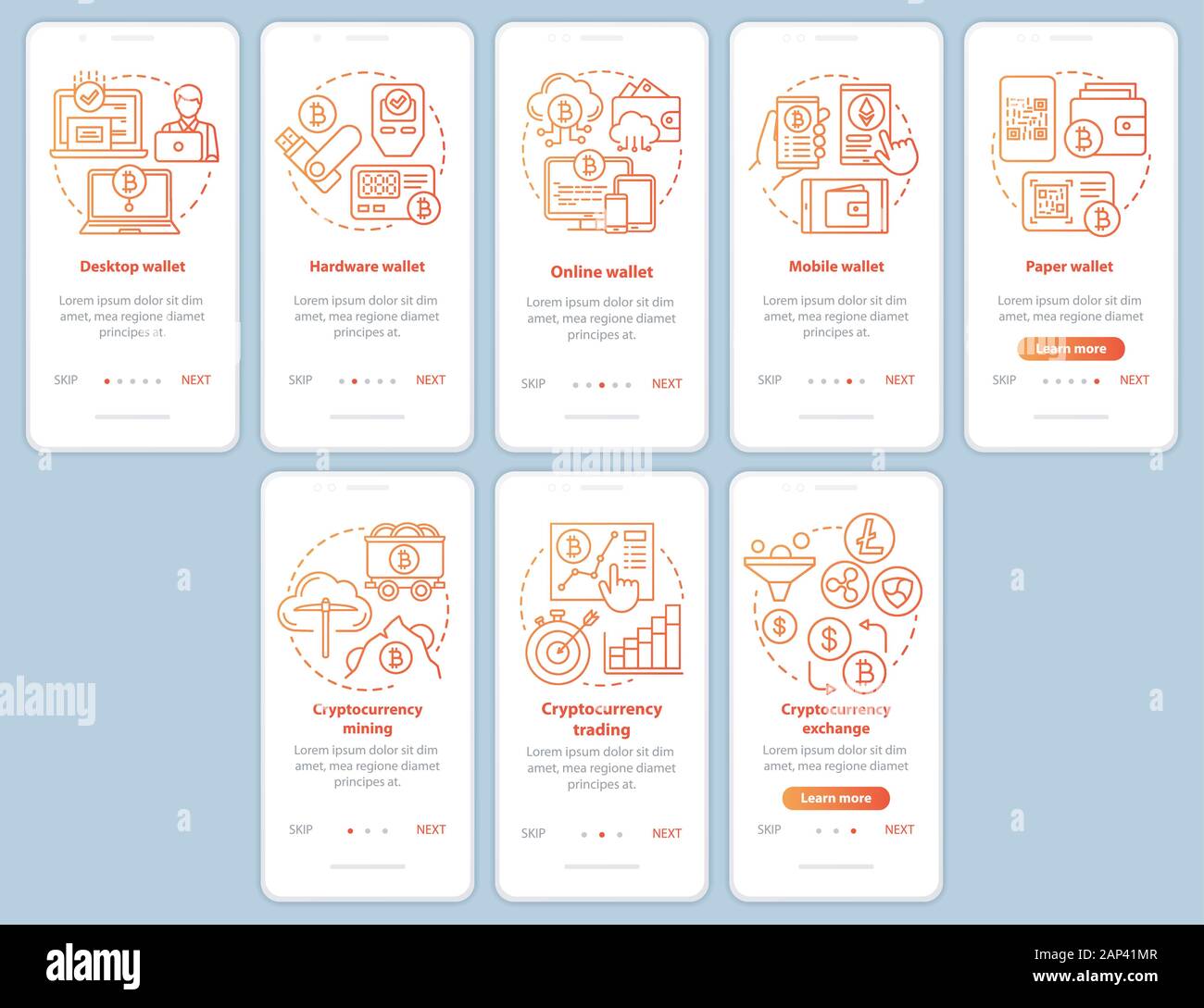 Cryptocurrency mining onboarding mobile app page screen with linear  concepts. Electronic bitcoin currency wallet walkthrough red steps graphic  instruc Stock Vector Image & Art - Alamy
