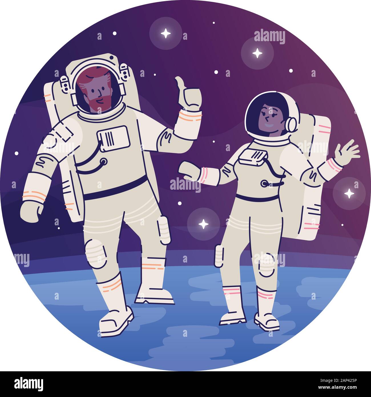 Astronauts in outer space flat concept icon. Cosmonaut in spacesuit floating in cosmos sticker, clipart. Interstellar travelers, space exploration iso Stock Vector