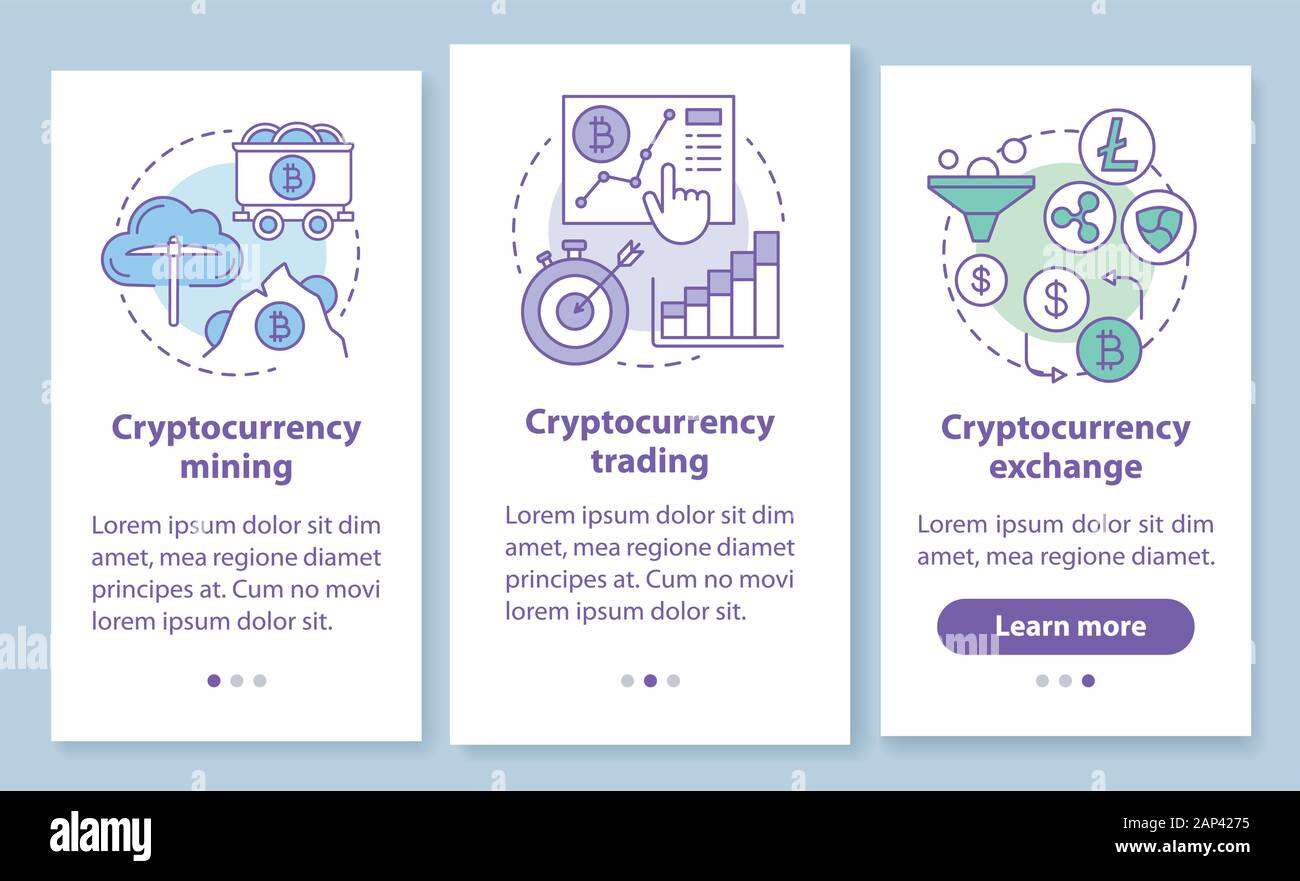 Cryptocurrency onboarding mobile app page screen with linear concepts.  Crypto currency mining, trading and exchange walkthrough graphic  instructions Stock Vector Image & Art - Alamy