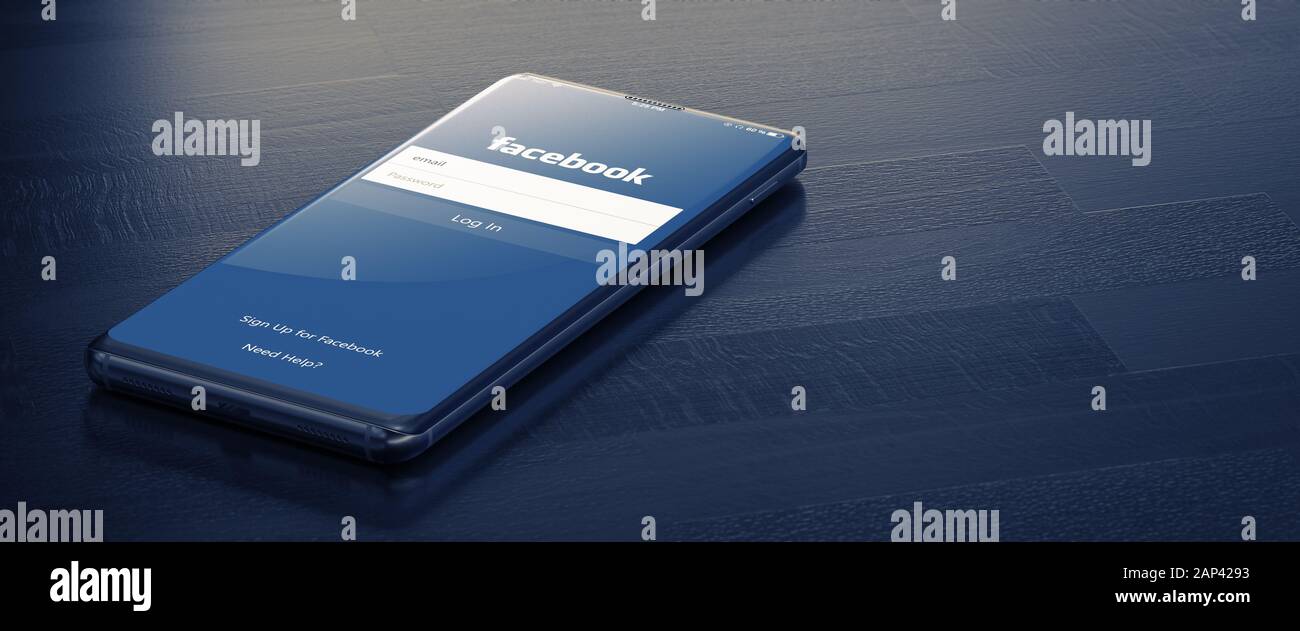 KYIV, UKRAINE-JANUARY, 2020: Facebook on Smart Phone Screen. Social Media are Most Popular Tool for Communication Sharing Information and Content Between People in Internet. 3D Render. Stock Photo