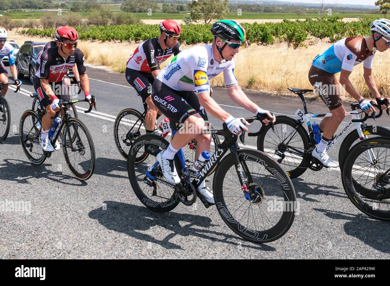 Irish road champion Sam Bennett (IRE) from the Duceuninck-Quick-Step (BEL) Team (number 51 centre) on his way to winning stage 1 of the 2020 Tour Down Stock Photo