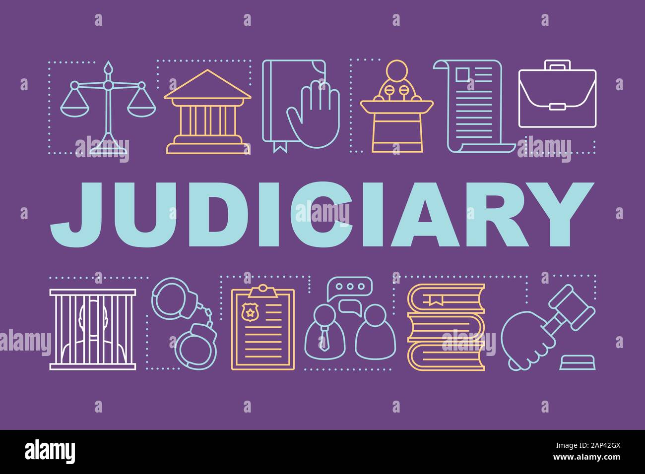 Judiciary word concepts banner. Judicial system. Criminal court