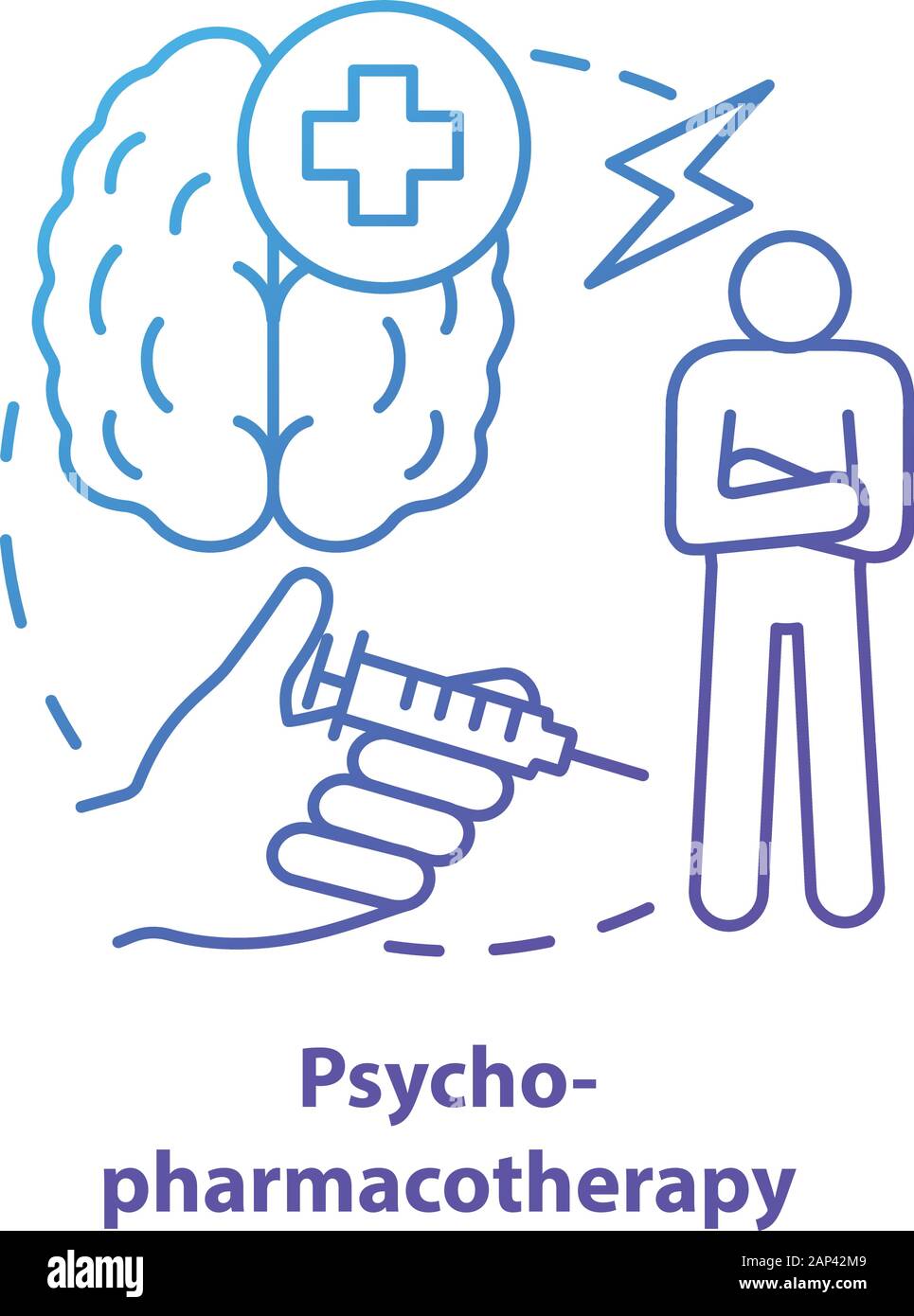 Psychopharmacotherapy concept icon. Pharmacy idea thin line illustration. Mental illness prescription drugs, medication. Psyche problems treatment. Ve Stock Vector