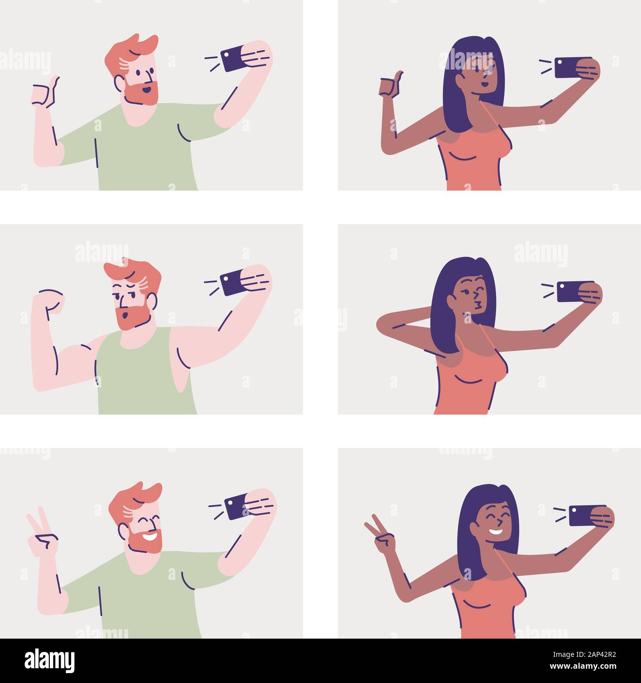Selfie poses flat vector illustrations set. Happy man and woman taking self  photo. Smiling people using mobile phone photography. Making self portrait  Stock Vector Image & Art - Alamy
