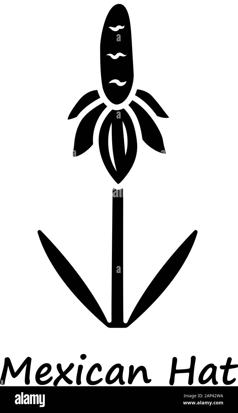 Mexican hat wild flower glyph icon. Upright prairie coneflower with name inscription. Ratibida columnifera plant. Blooming wildflower. Silhouette symb Stock Vector