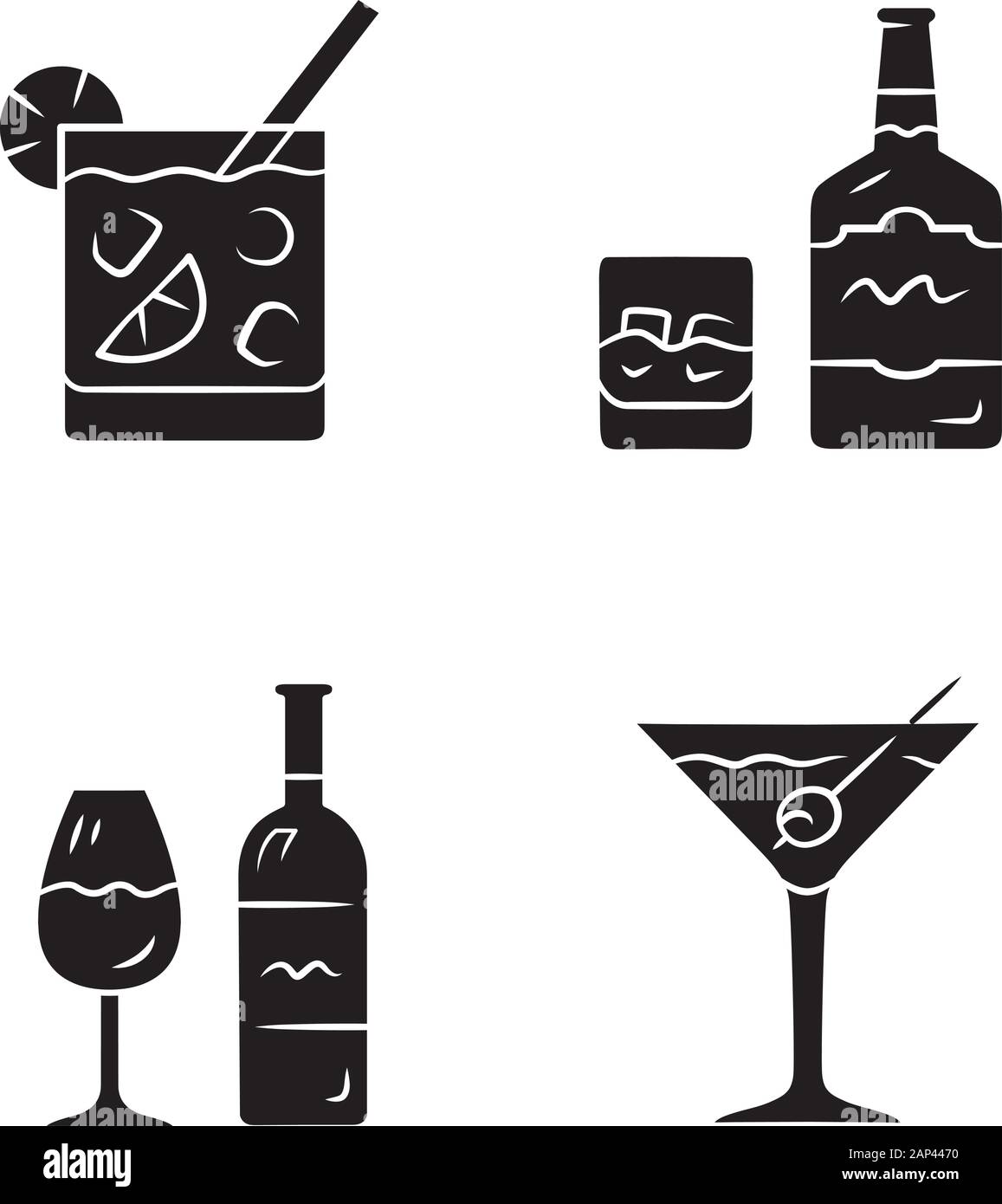 Drinks glyph icons set. Cocktail in lowball glass, whiskey, wine