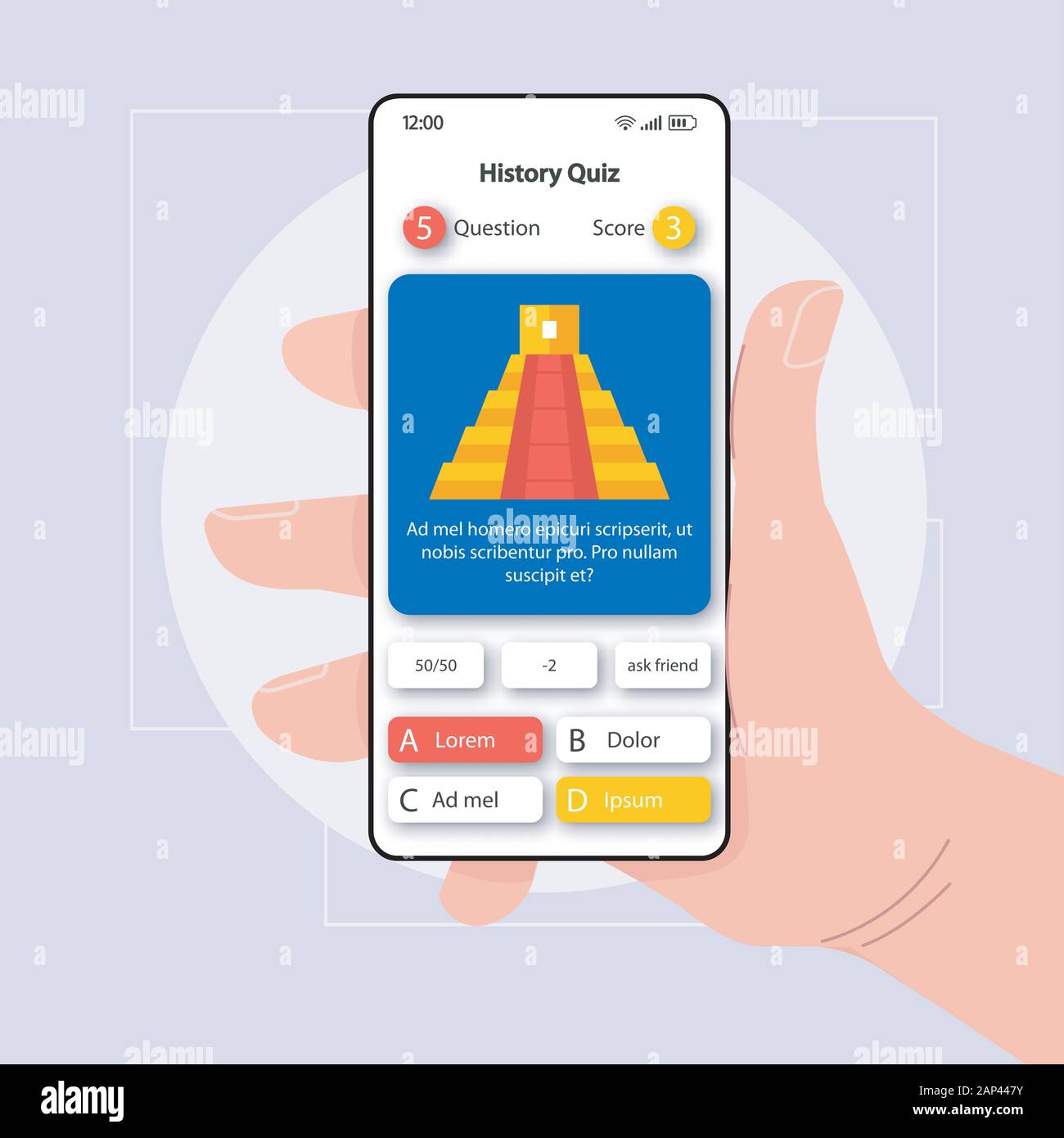 History knowledge check smartphone interface vector template. Mobile
