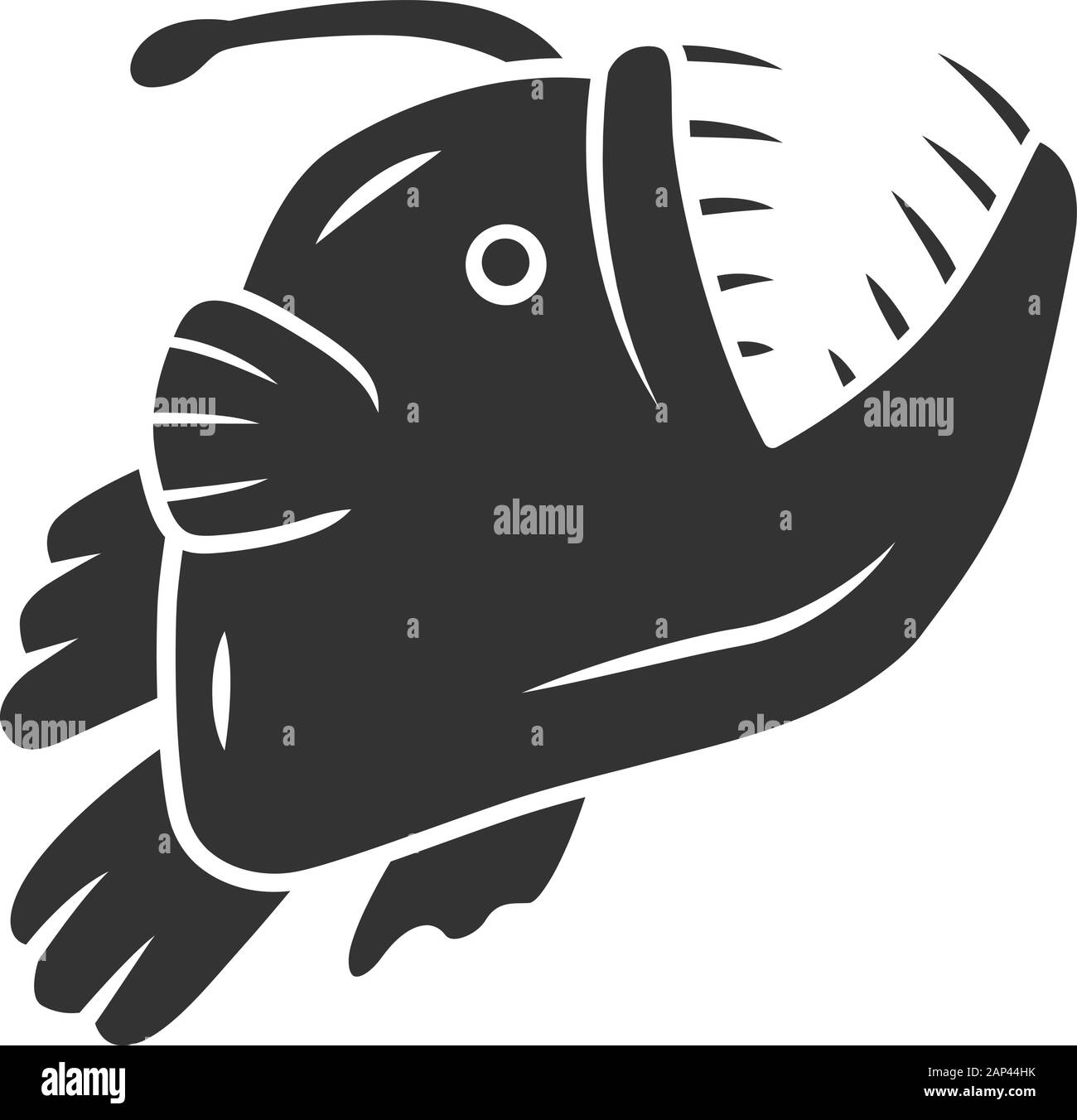 Anglerfish glyph icon. Swimming goosefish. Underwater world. Ocean monster, undersea animal with open mouth. Marine predator. Silhouette symbol. Negat Stock Vector