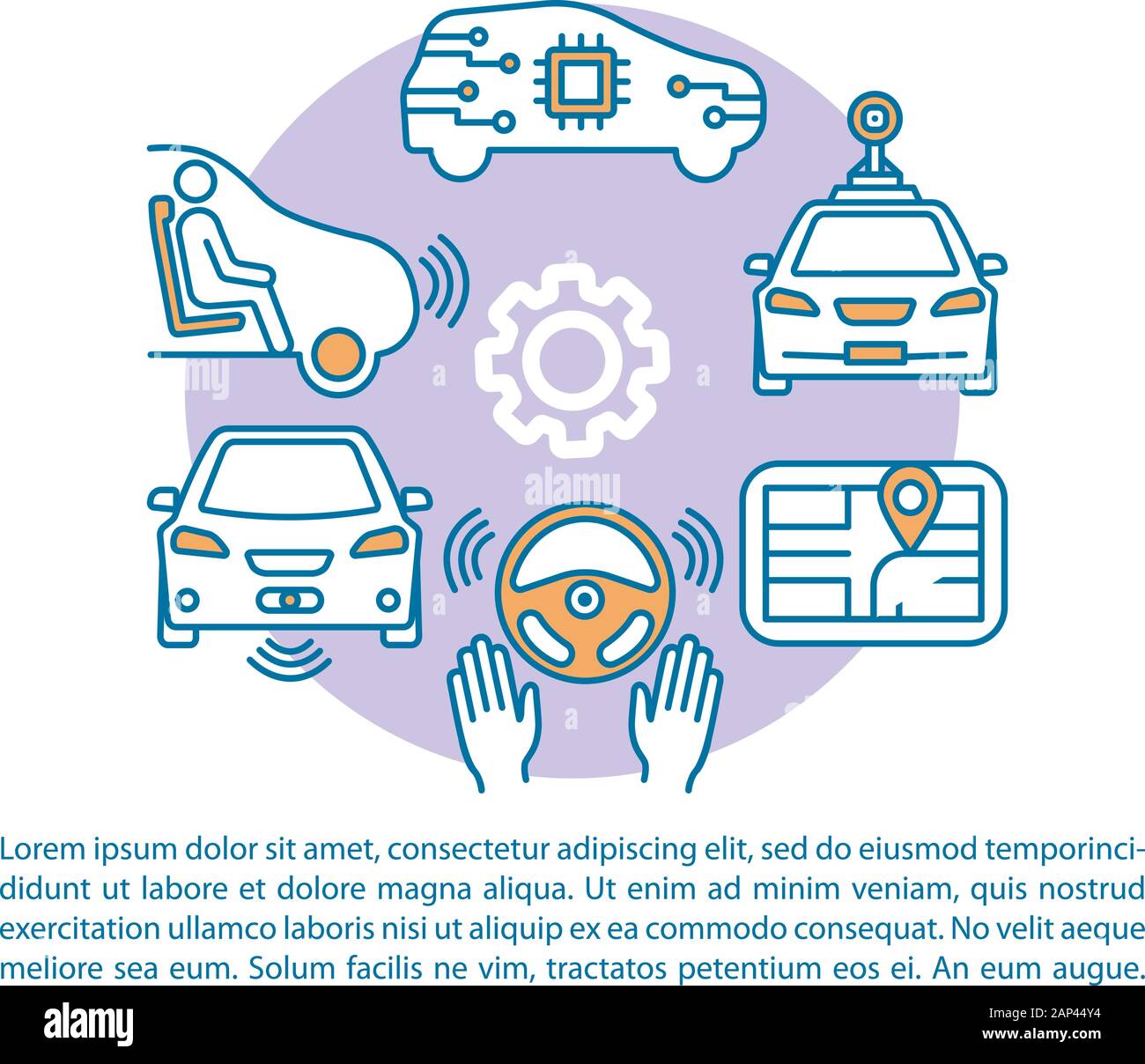 Selfdriving car article page vector template. Driverless vehicle. Autonomous automobile