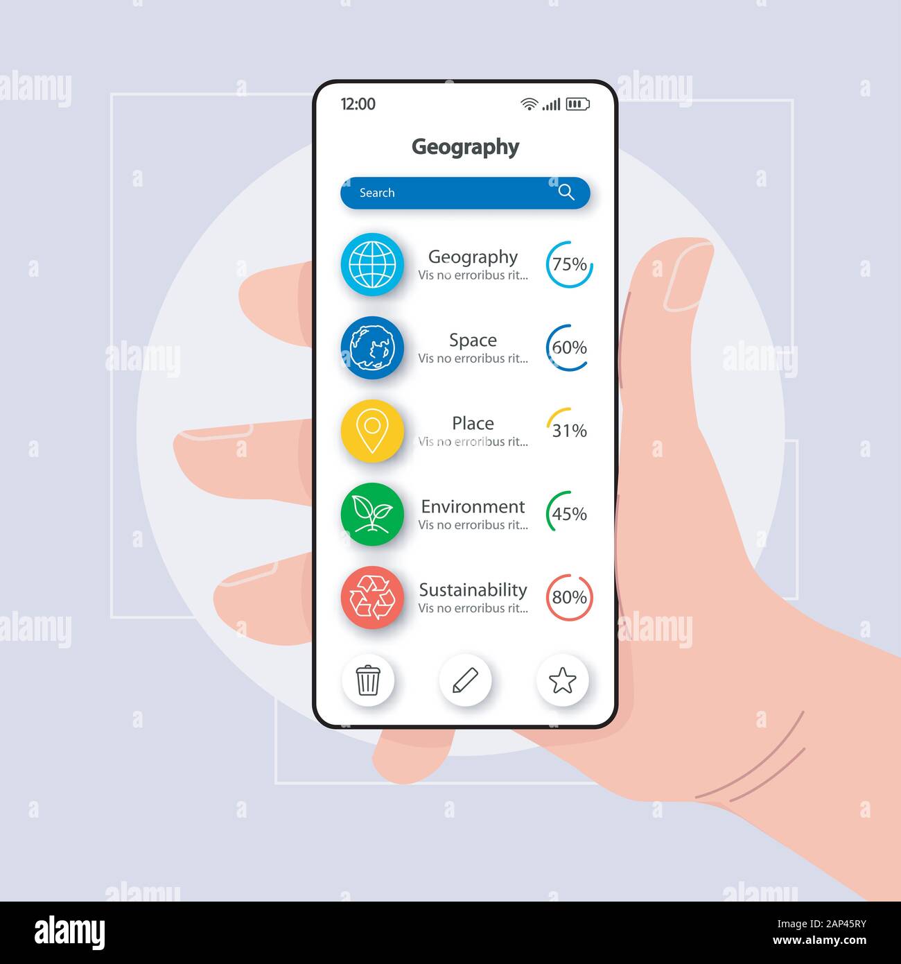 Geography textbook smartphone interface vector template. Mobile app