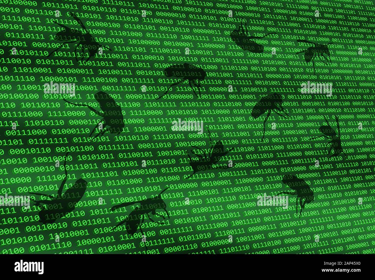 Illustration of bugs or insects crawling over binary computer data code to illustrate a computer software bug or computer virus. Stock Photo