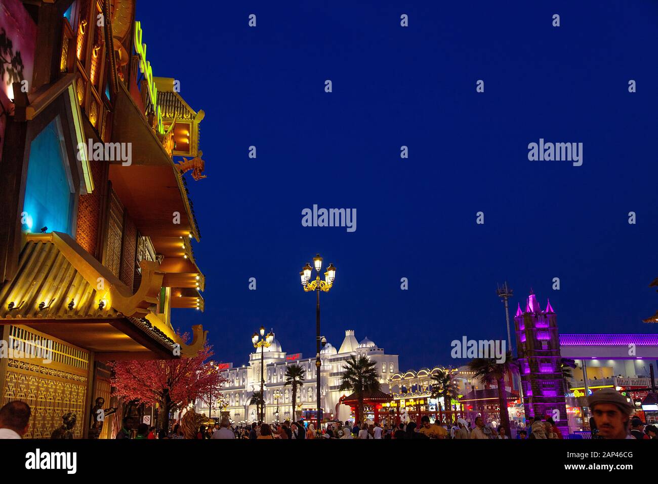 Dubai Global Village Night Lights and water view Stock Photo