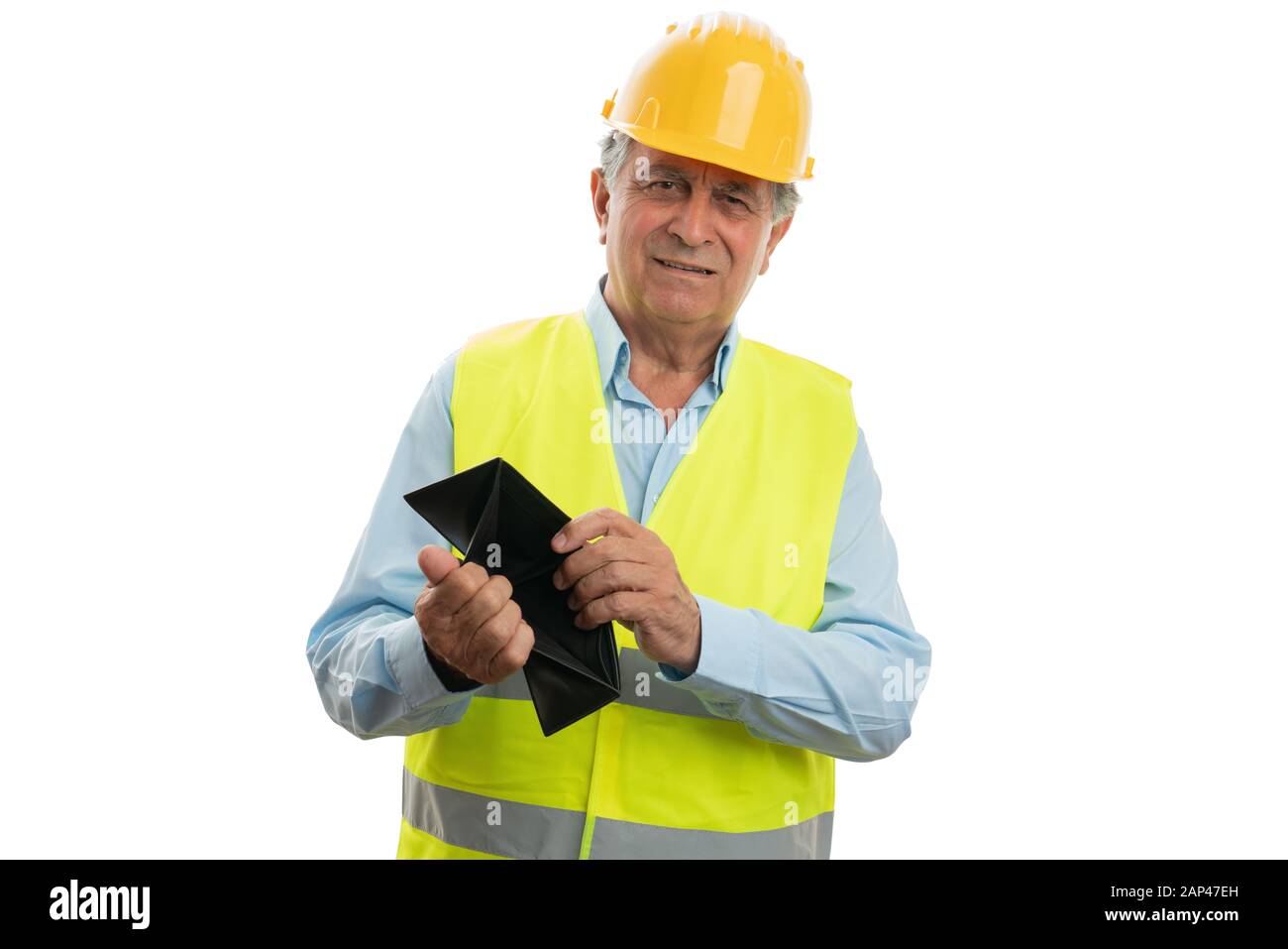 Smiling old male builder presenting empty wallet as optimistic concept isolated on white Stock Photo