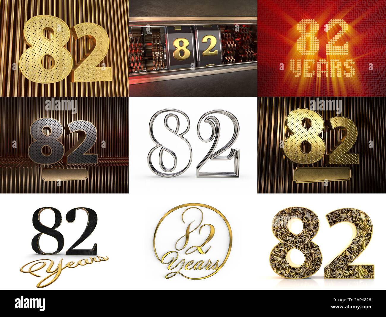 Set of number 82 (number eighty-two) celebration design. Anniversary number template elements for your birthday party. 3D illustration Stock Photo