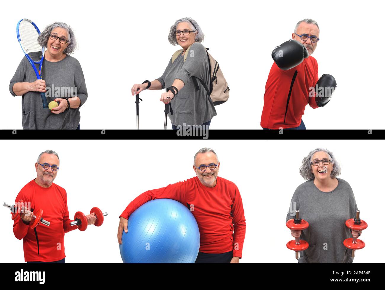 woman and man practicing exercises on a white background Stock Photo