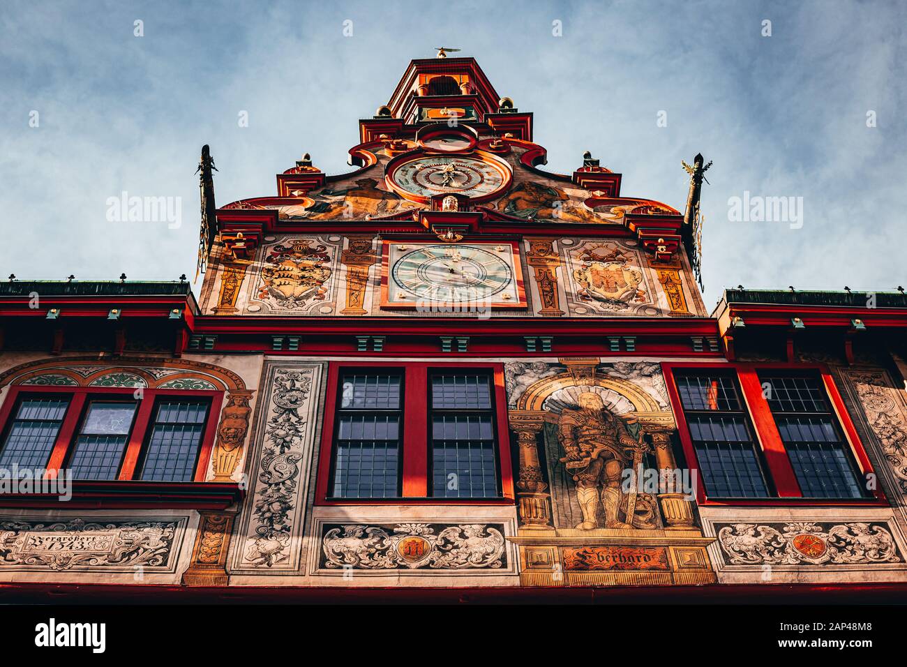 Tuebingen, Germany - December 2019: Old and beautiful city hall of tübingen in Germany with a clock and frescos at the facade. Magnificent view from b Stock Photo