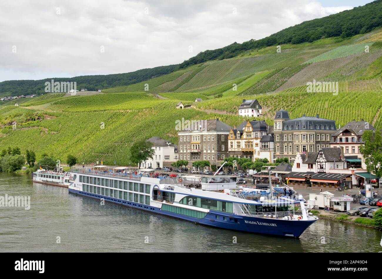 River cruise ship moored at Piesport, Moselle Valley, Germany Stock Photo