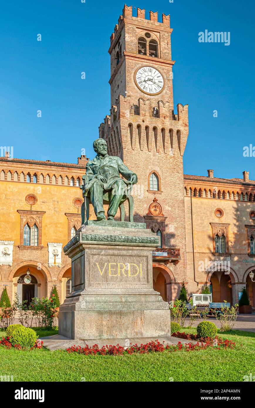 Verdi Monument in front of the Rocca of Busseto, Emilia-Romagna, Italy Stock Photo