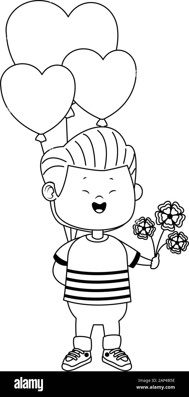 cartoon boy with heart balloons and beautiful flowers, flat design ...
