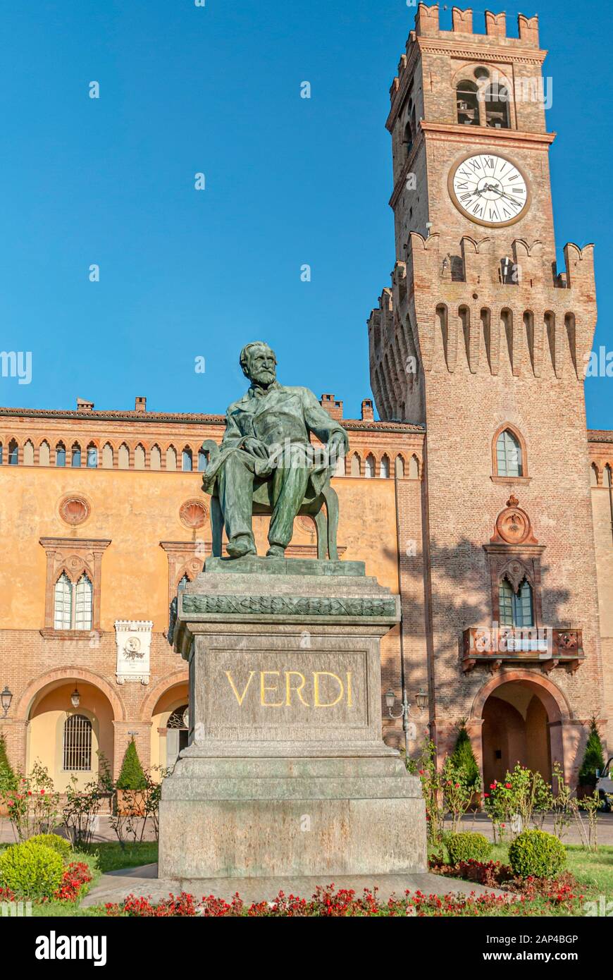 Verdi Monument in front of the Rocca of Busseto, Emilia-Romagna, Italy Stock Photo