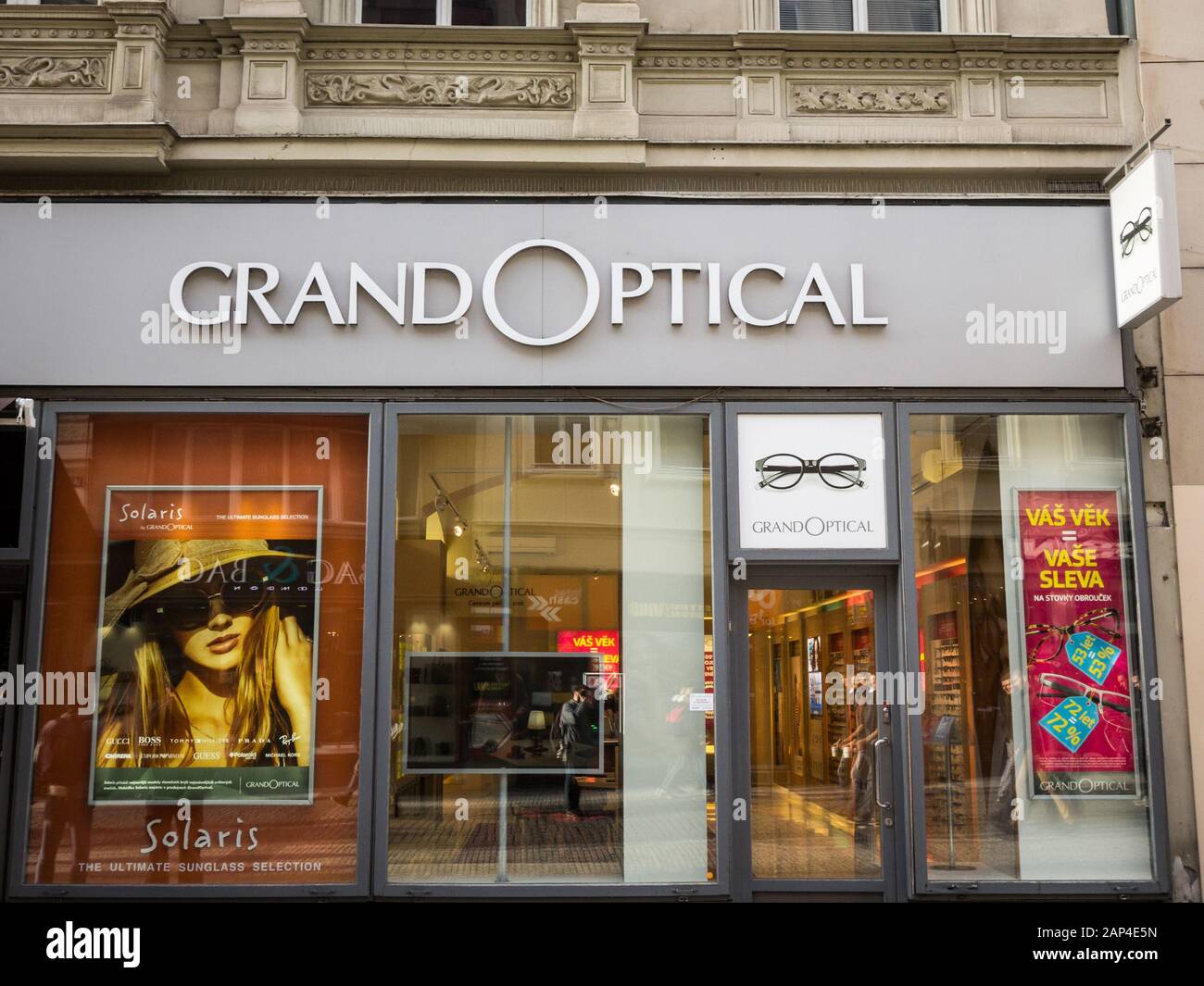 PRAGUE - CZECHIA - NOVEMBER 2, 2019: Grandoptical Logo in front of their shop for Prague. Grand optical is a French chain of optical and optician stor Stock Photo