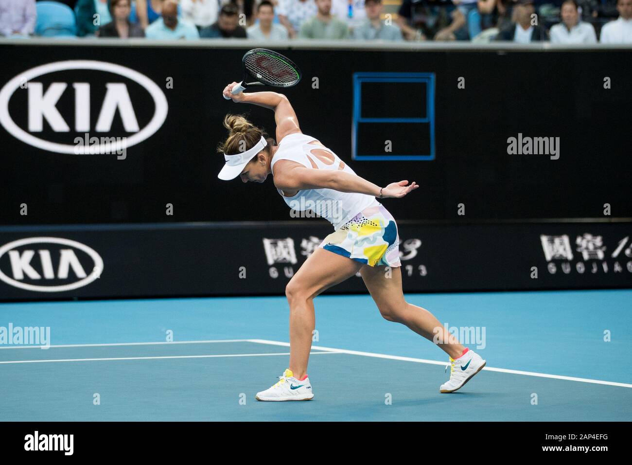 Melbourne, Australia. 21st Jan, 2020. Simona Halep of Romania fakes to  smash her racket in her match against Jenifer Brady of USA during the first  round match at the ATP Australian Open