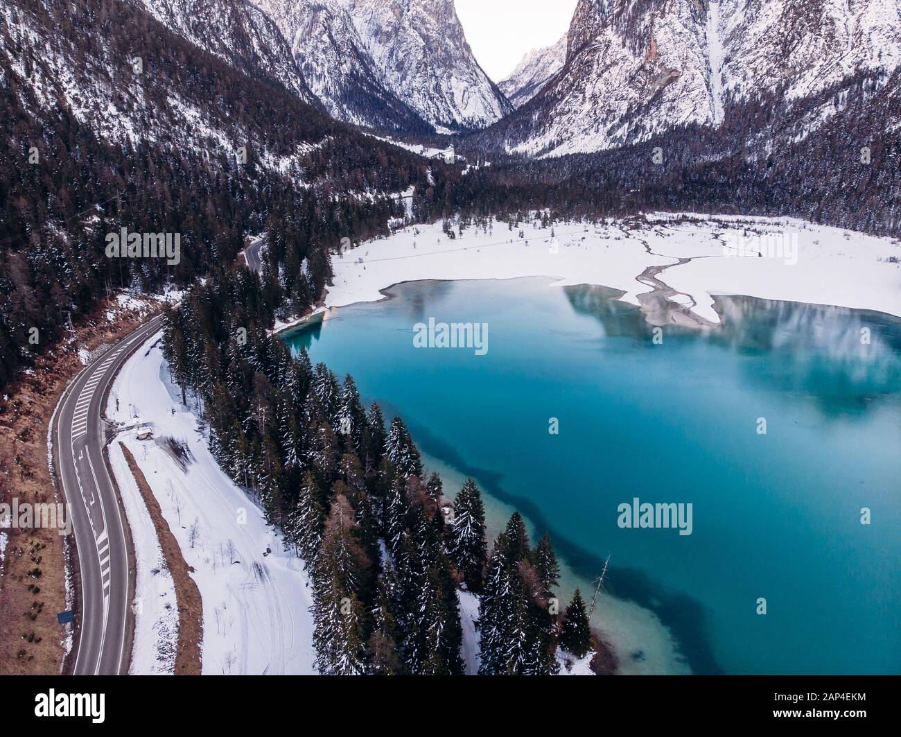 Misurina lake sunset blue winter Dolomites Val di Funes valley, Italy. Aerial top view Stock Photo